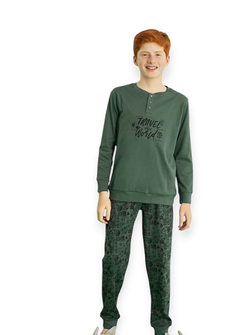 Haki Erkek Çocuk Garson İnterlok Pijama Takım