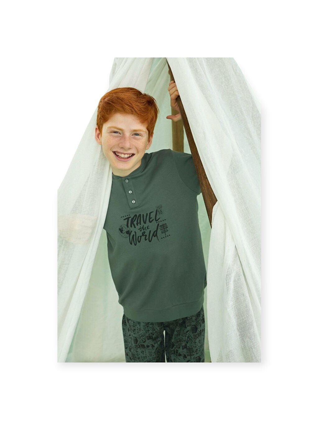 Haki Erkek Çocuk Garson İnterlok Pijama Takım-1