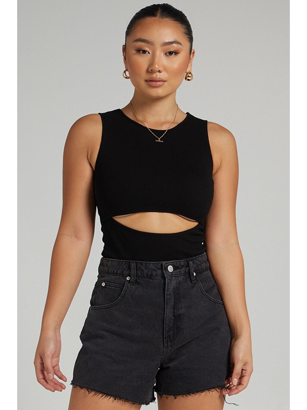 Siyah Yırtık Detaylı Basic Bodysuit-5