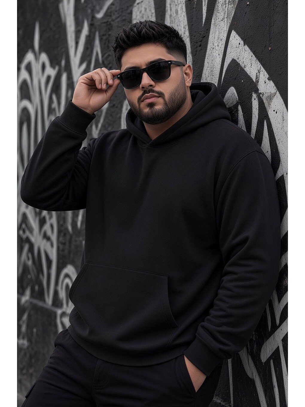 Siyah Bery Büyük Beden Erkek Kapüşonlu Basic Sweatshirt İki İplik Şardonlu Kanguru Cepli-1