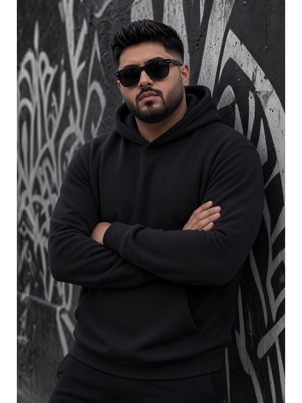 Siyah Bery Büyük Beden Erkek Kapüşonlu Basic Sweatshirt İki İplik Şardonlu Kanguru Cepli-2
