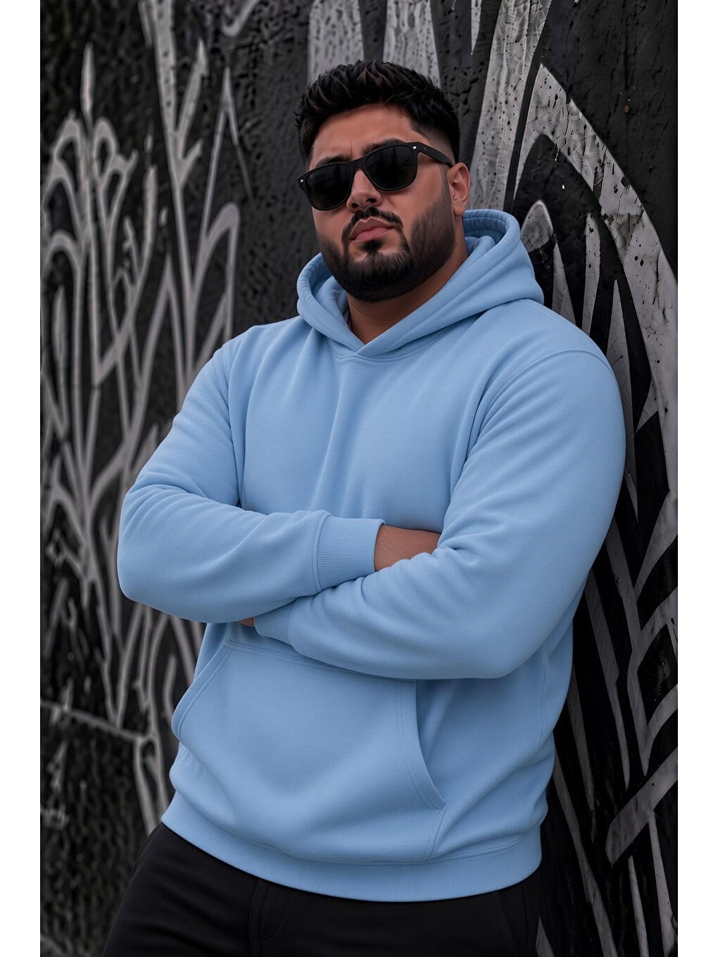 Turkuaz Bery Büyük Beden Erkek Kapüşonlu Basic Sweatshirt İki İplik Şardonlu Kanguru Cepli-1