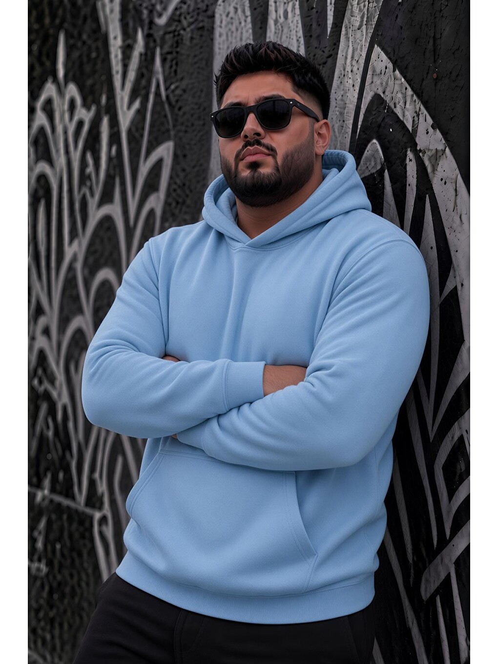 Turkuaz Bery Büyük Beden Erkek Kapüşonlu Basic Sweatshirt İki İplik Şardonlu Kanguru Cepli-2