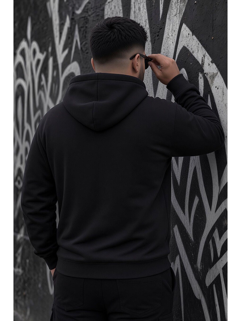 Siyah Bery Büyük Beden Erkek Kapüşonlu Basic Sweatshirt İki İplik Şardonlu Kanguru Cepli-3