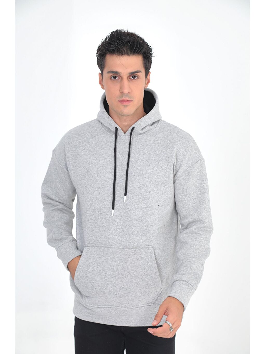 Gri Erkek Oversize Kanguru Cep Sweatshirt-1