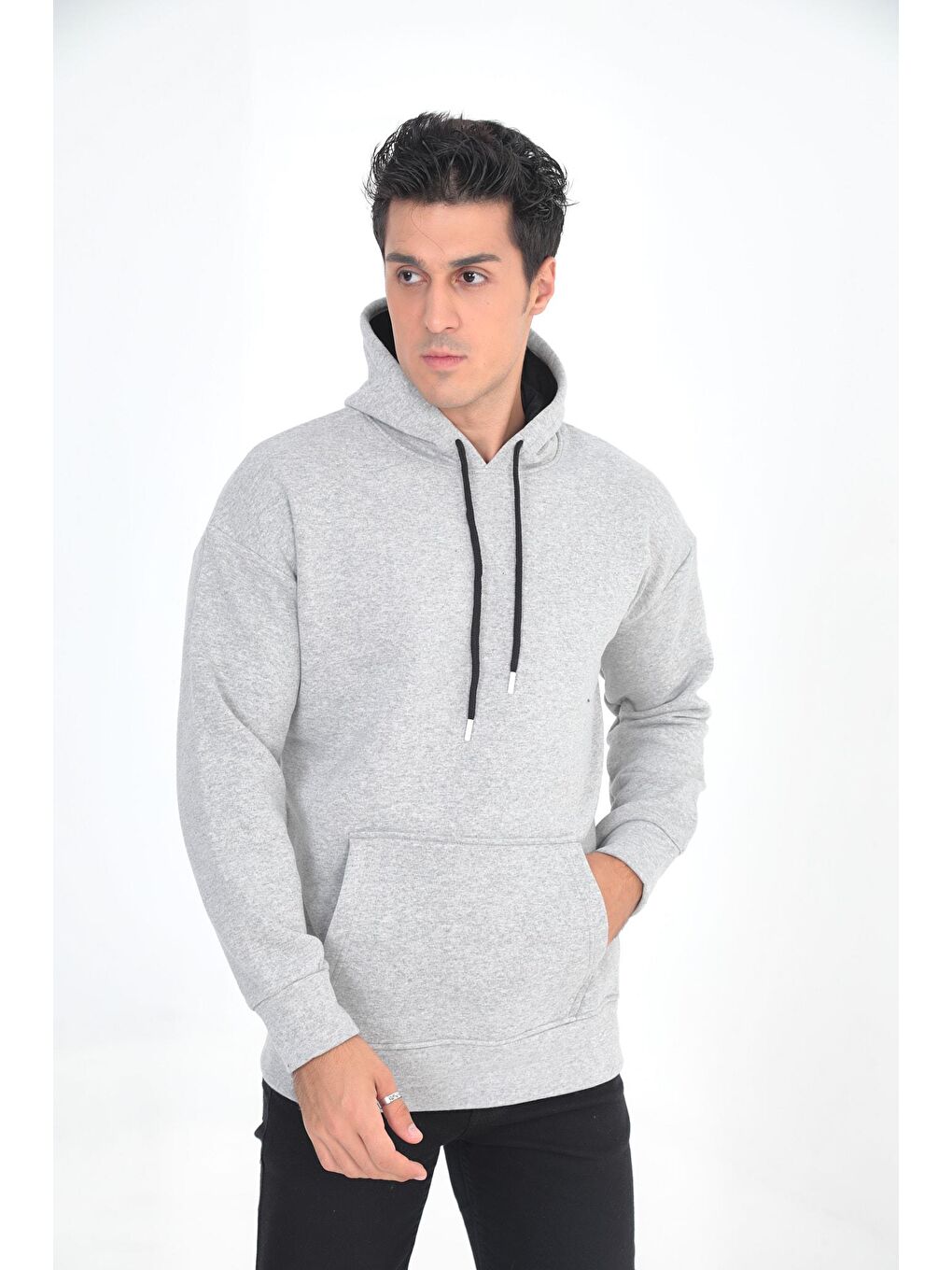 Gri Erkek Oversize Kanguru Cep Sweatshirt-2