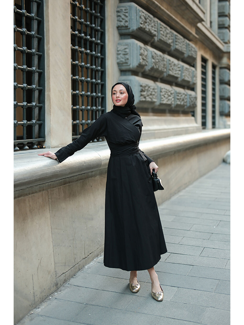 Kadın Kendinden Bağlamalı Poplin Elbise Siyah-2