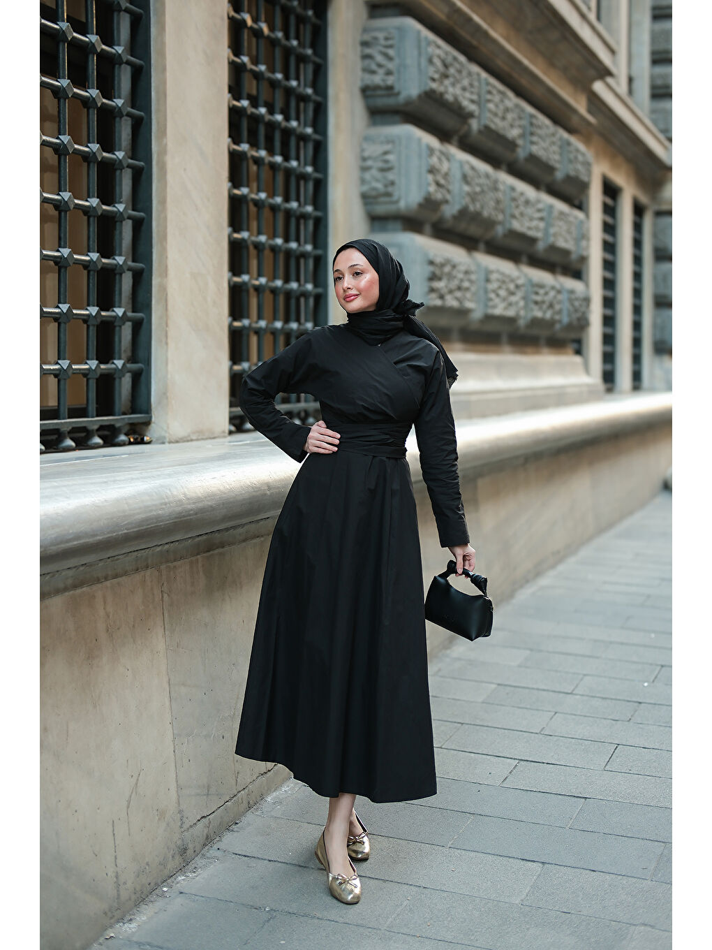 Kadın Kendinden Bağlamalı Poplin Elbise Siyah-3