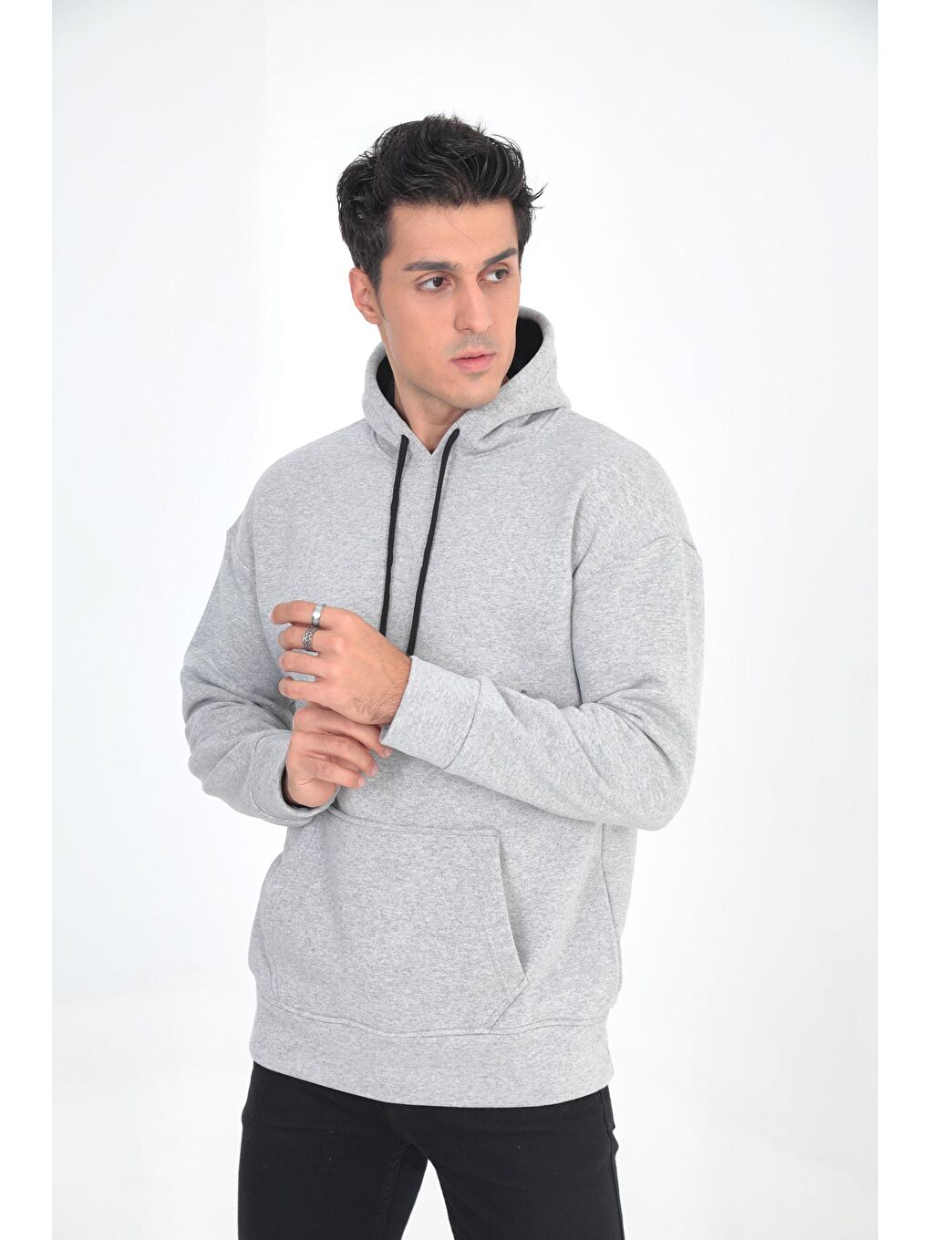 Gri Erkek Oversize Kanguru Cep Sweatshirt-3