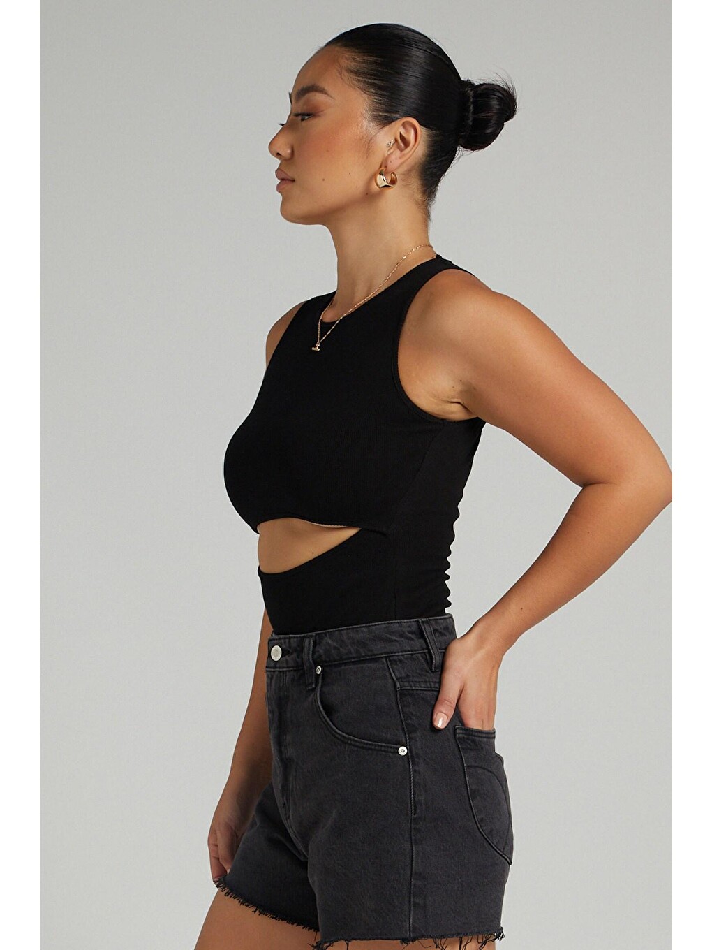 Siyah Yırtık Detaylı Basic Bodysuit-6