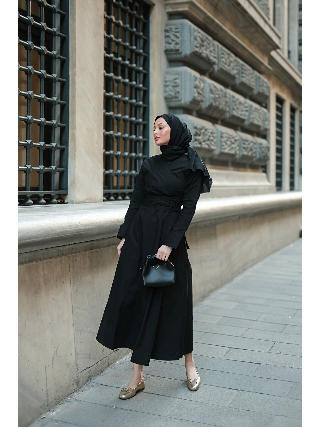 Kadın Kendinden Bağlamalı Poplin Elbise Siyah-4