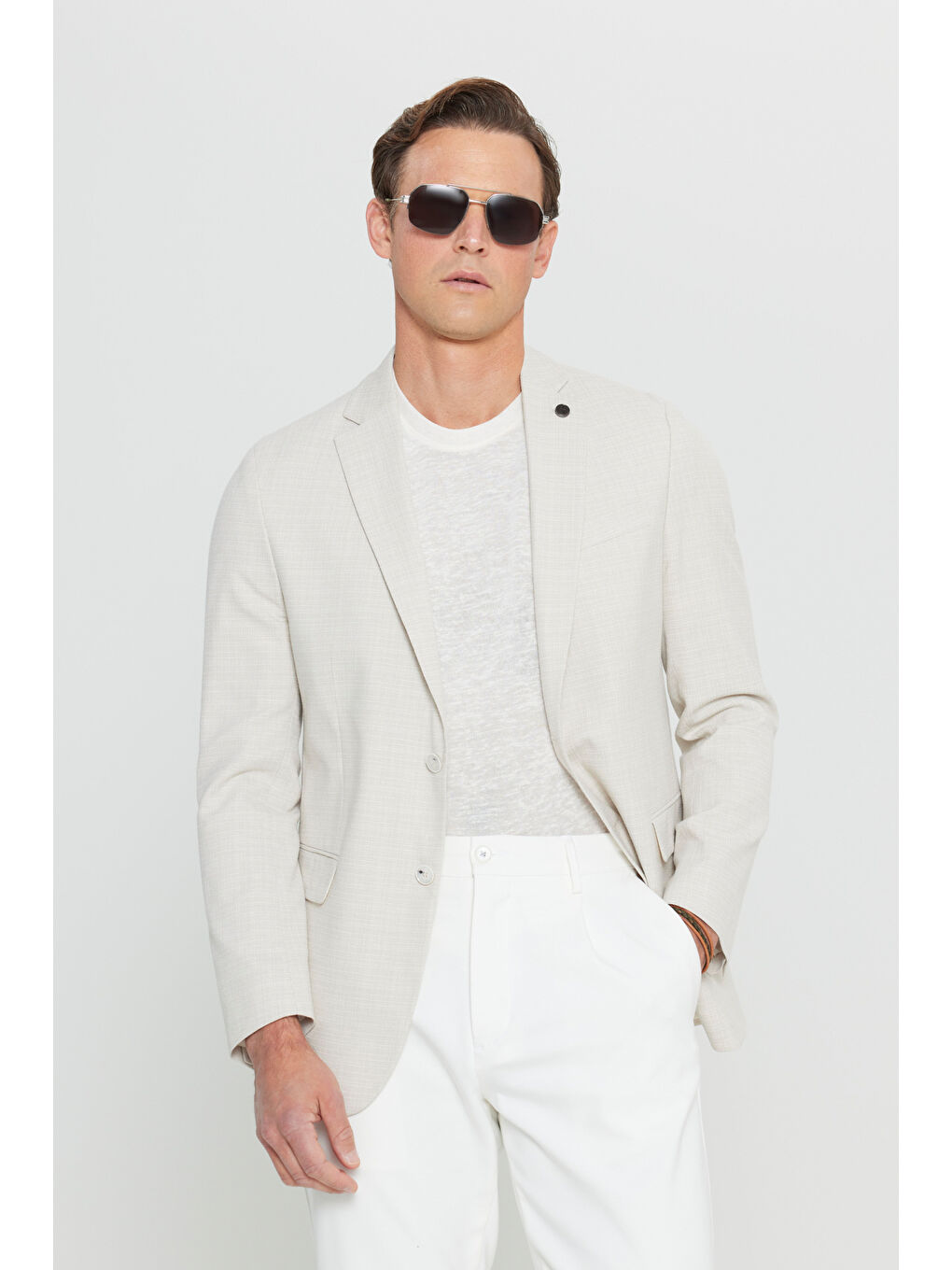 Erkek Bej Slim Fit Dar Kesim Pamuklu Flamlı Kapak Cepli Blazer Ceket