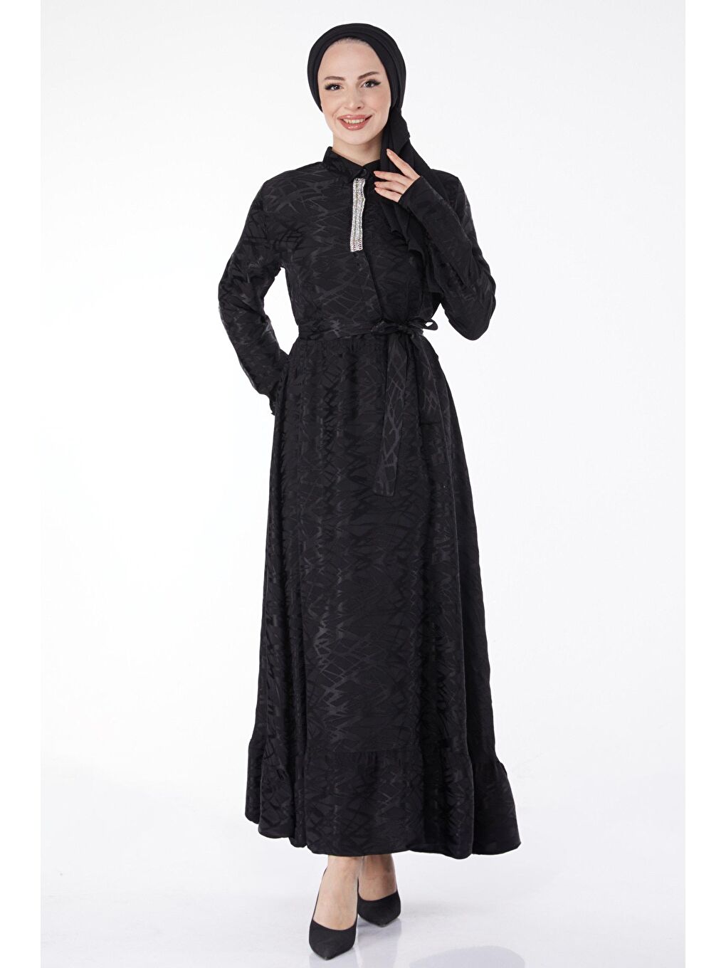 Gömlek Yaka Kadın Siyah Taş Detaylı Abiye Elbise - 25191