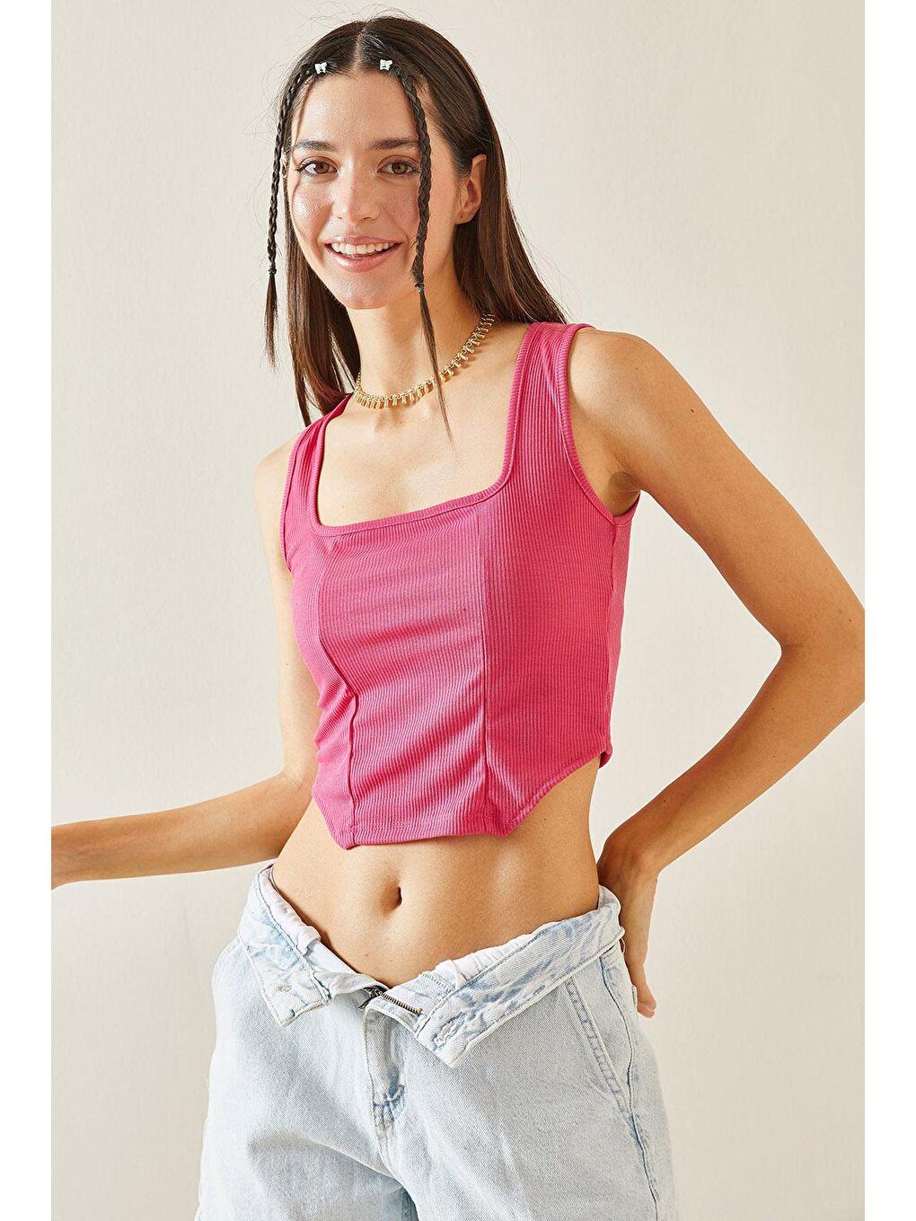 Fuşya Kare Yaka Askılı Bluz 5YXK2-48843-07