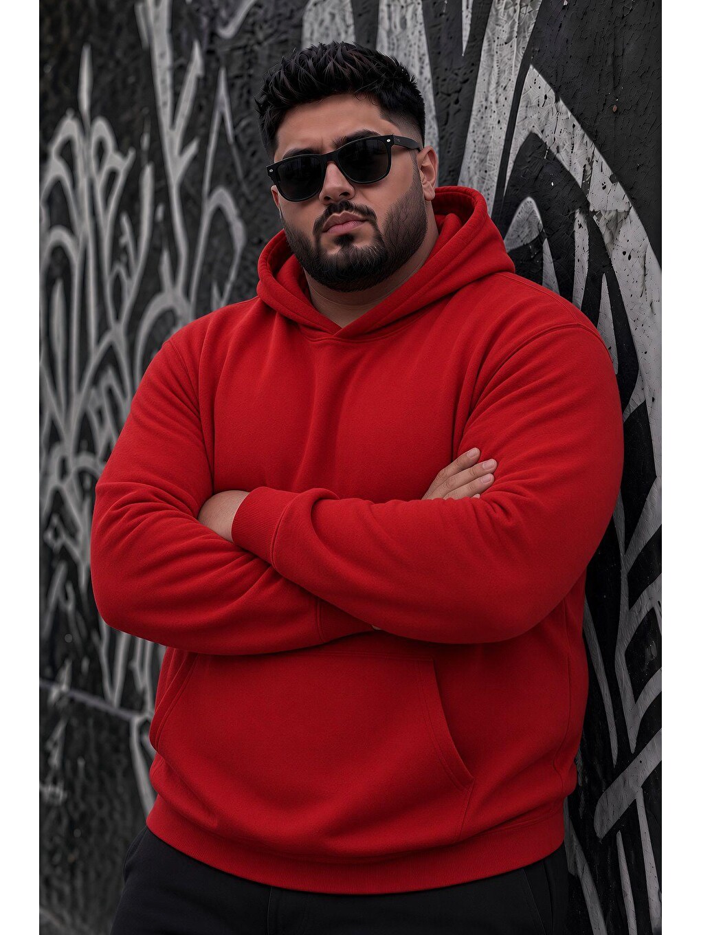 Kırmızı Bery Büyük Beden Erkek Kapüşonlu Basic Sweatshirt İki İplik Şardonlu Kanguru Cepli