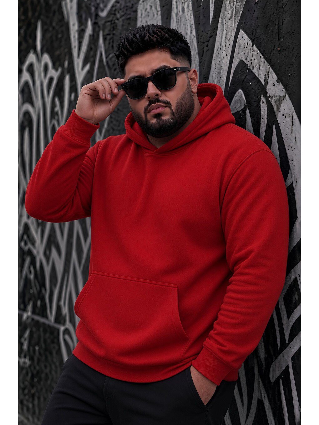 Kırmızı Bery Büyük Beden Erkek Kapüşonlu Basic Sweatshirt İki İplik Şardonlu Kanguru Cepli-1