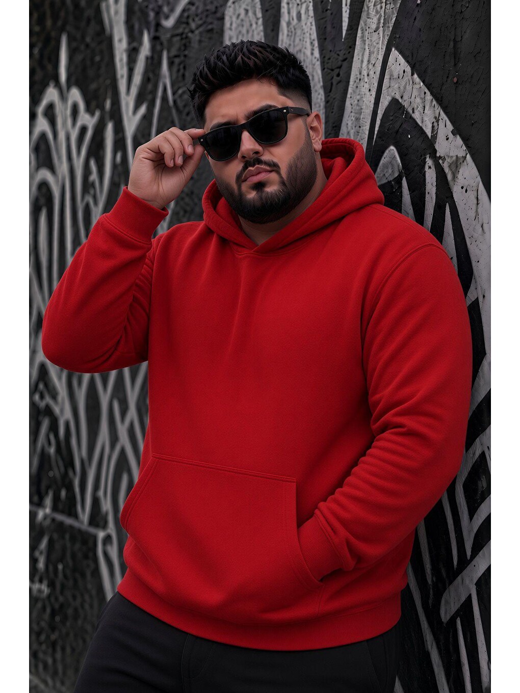 Kırmızı Bery Büyük Beden Erkek Kapüşonlu Basic Sweatshirt İki İplik Şardonlu Kanguru Cepli-2