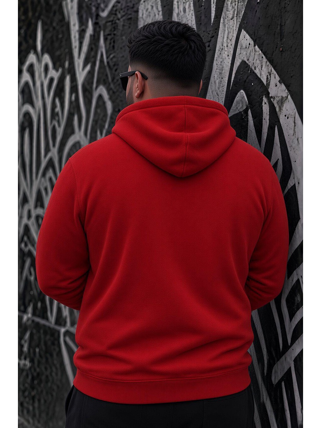 Kırmızı Bery Büyük Beden Erkek Kapüşonlu Basic Sweatshirt İki İplik Şardonlu Kanguru Cepli-3