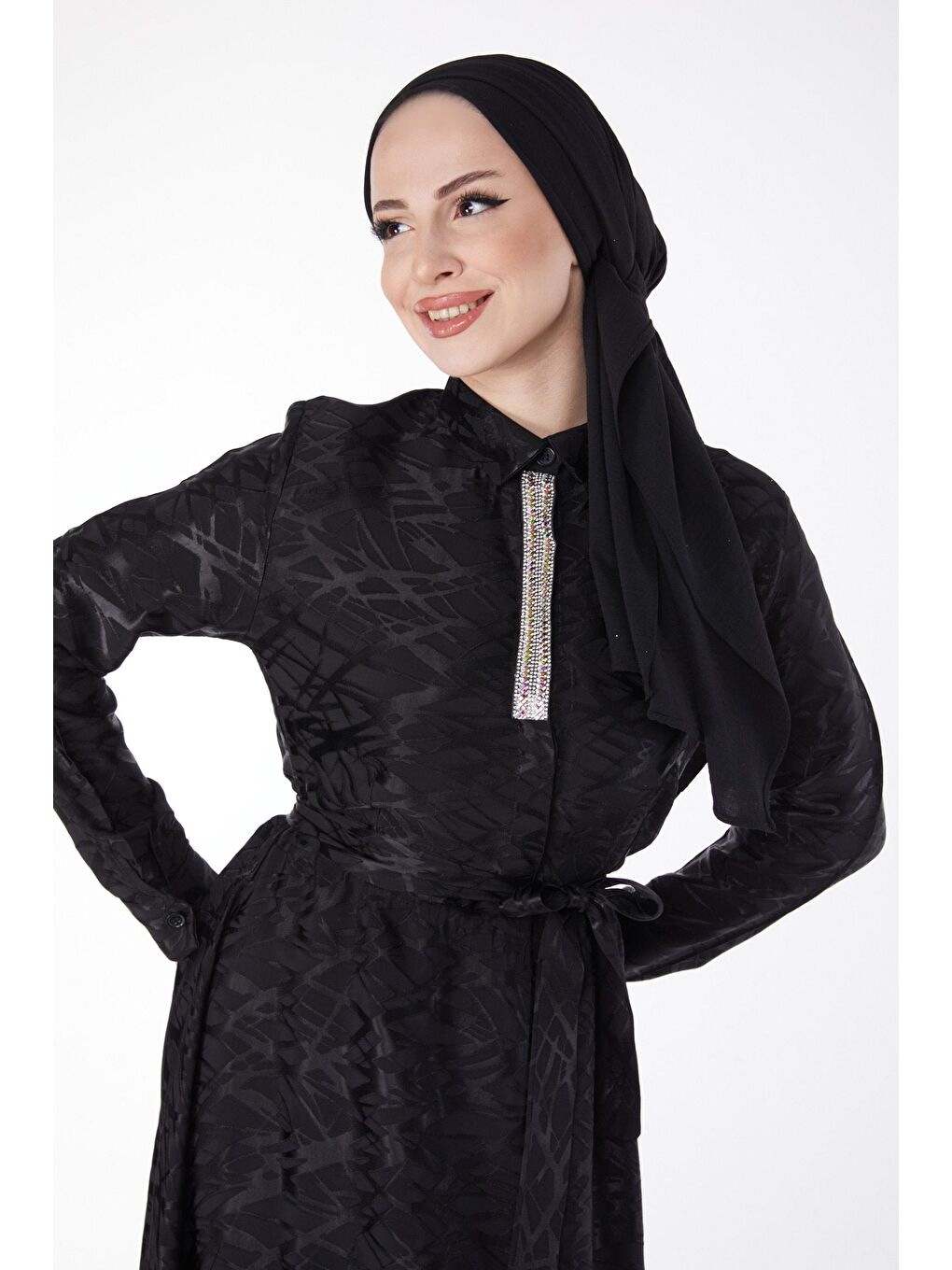 Gömlek Yaka Kadın Siyah Taş Detaylı Abiye Elbise - 25191-1