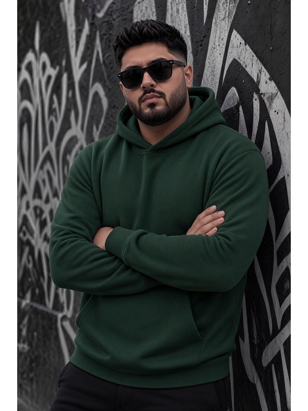 Yeşil Bery Büyük Beden Erkek Kapüşonlu Basic Sweatshirt İki İplik Şardonlu Kanguru Cepli