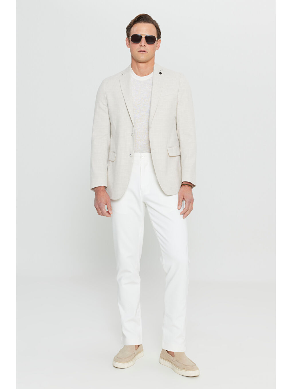 Erkek Bej Slim Fit Dar Kesim Pamuklu Flamlı Kapak Cepli Blazer Ceket-1