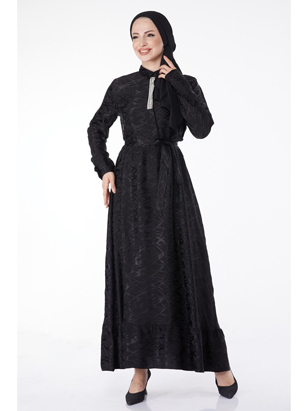 Gömlek Yaka Kadın Siyah Taş Detaylı Abiye Elbise - 25191-2