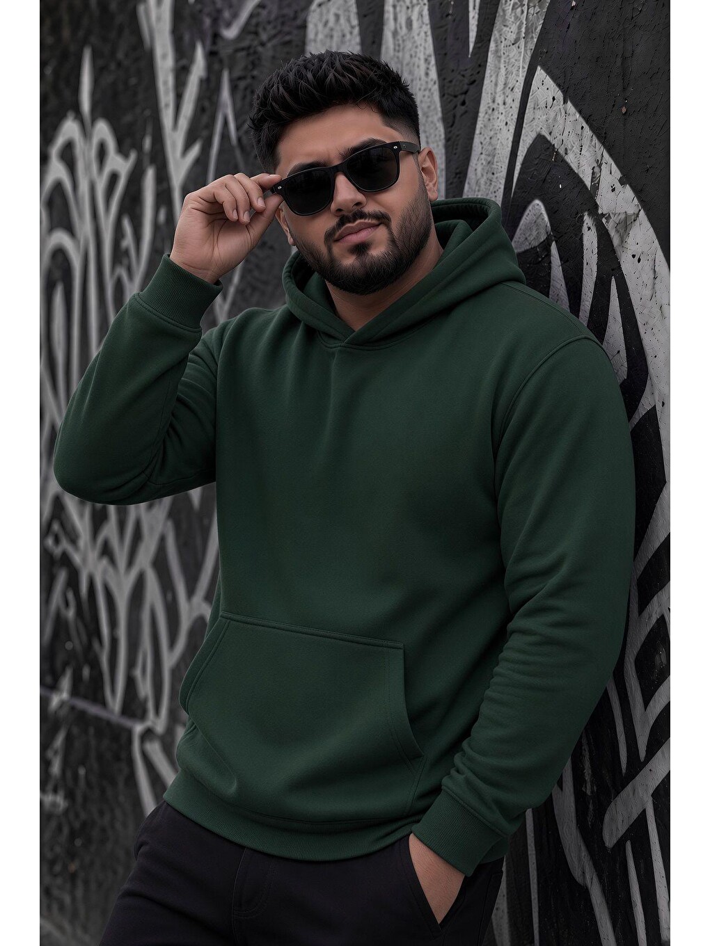 Yeşil Bery Büyük Beden Erkek Kapüşonlu Basic Sweatshirt İki İplik Şardonlu Kanguru Cepli-1