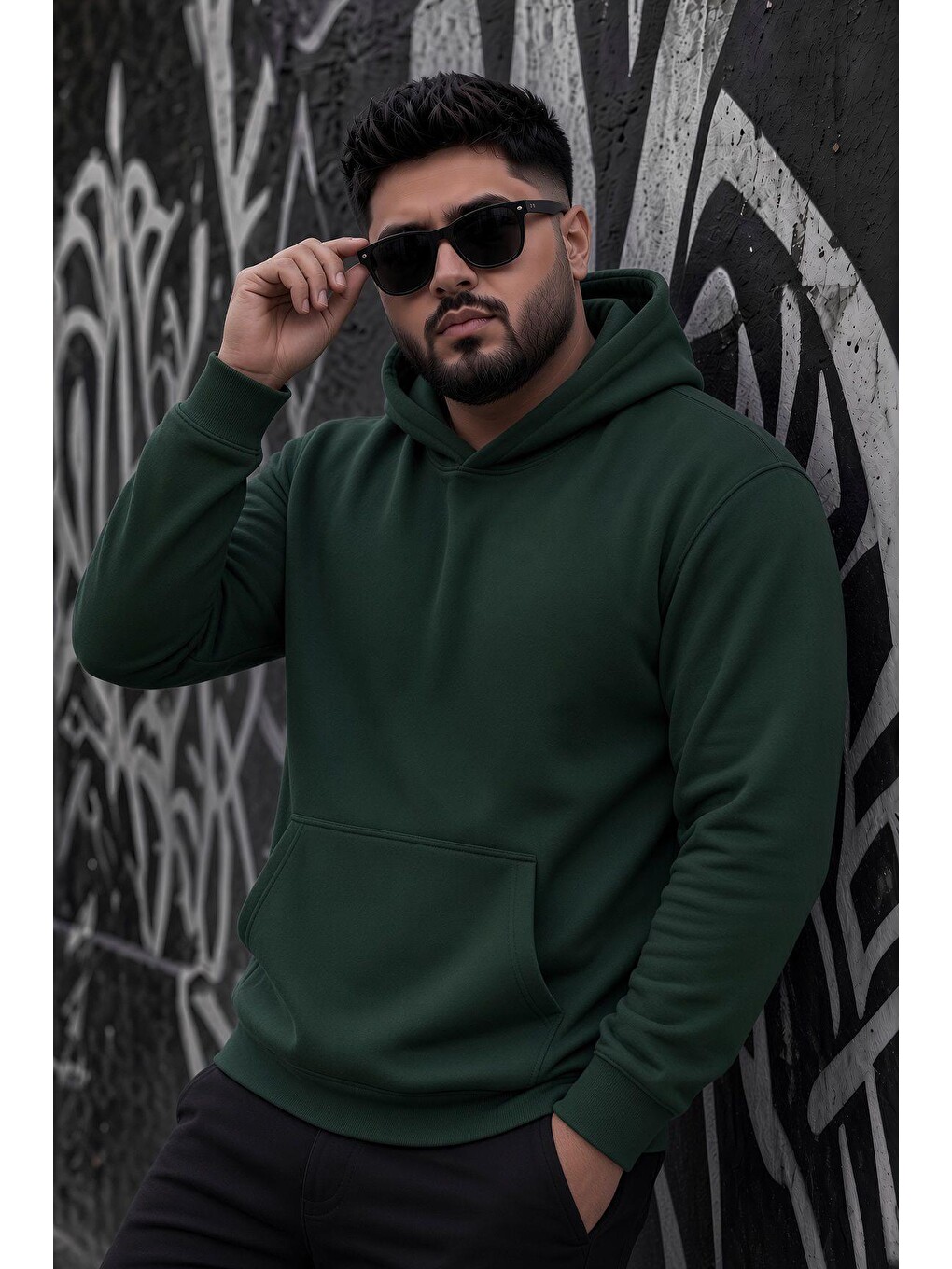 Yeşil Bery Büyük Beden Erkek Kapüşonlu Basic Sweatshirt İki İplik Şardonlu Kanguru Cepli-2