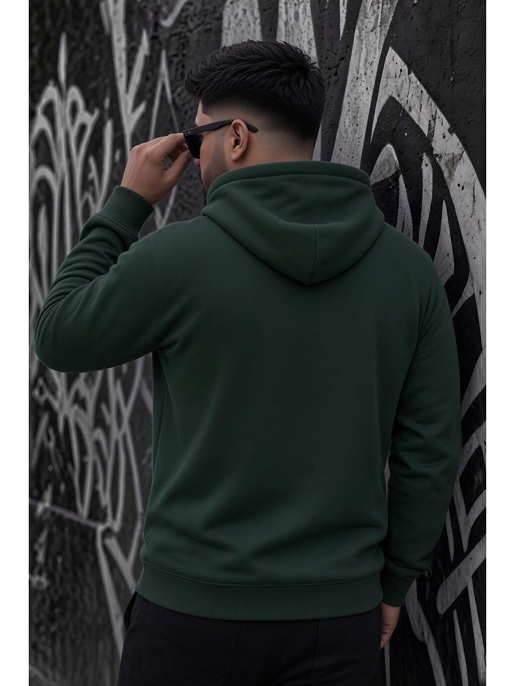 Yeşil Bery Büyük Beden Erkek Kapüşonlu Basic Sweatshirt İki İplik Şardonlu Kanguru Cepli-3