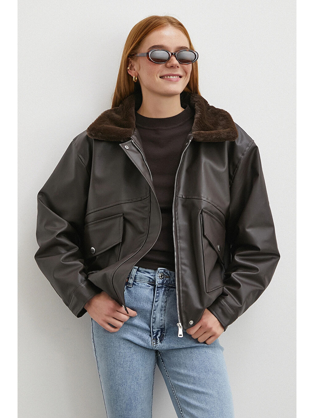 Karışık Pelüş Astar Detaylı Deri Mont Kahve