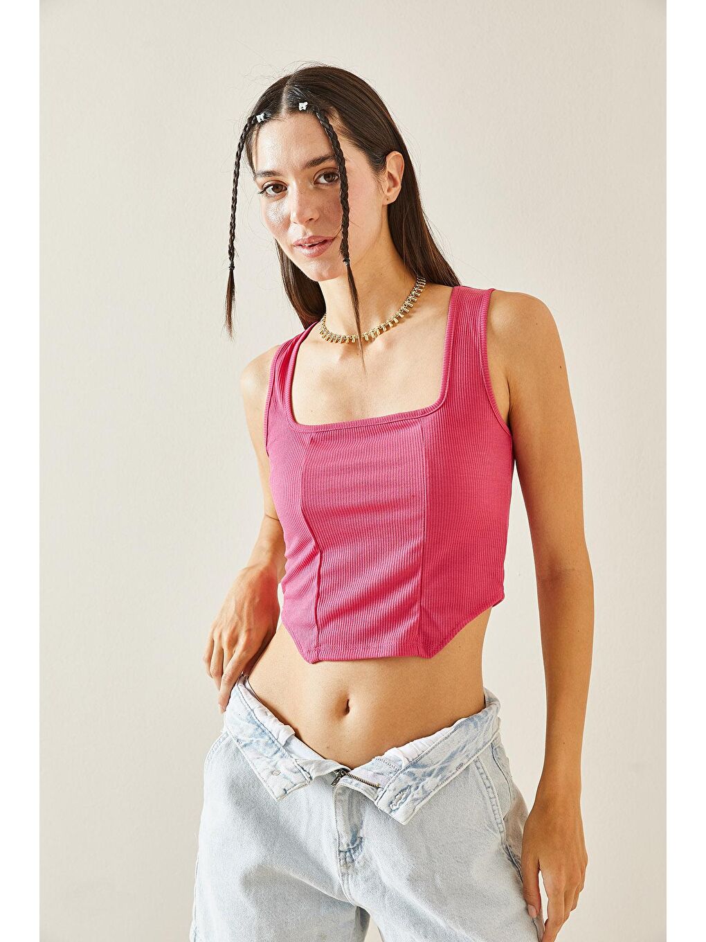 Fuşya Kare Yaka Askılı Bluz 5YXK2-48843-07-2