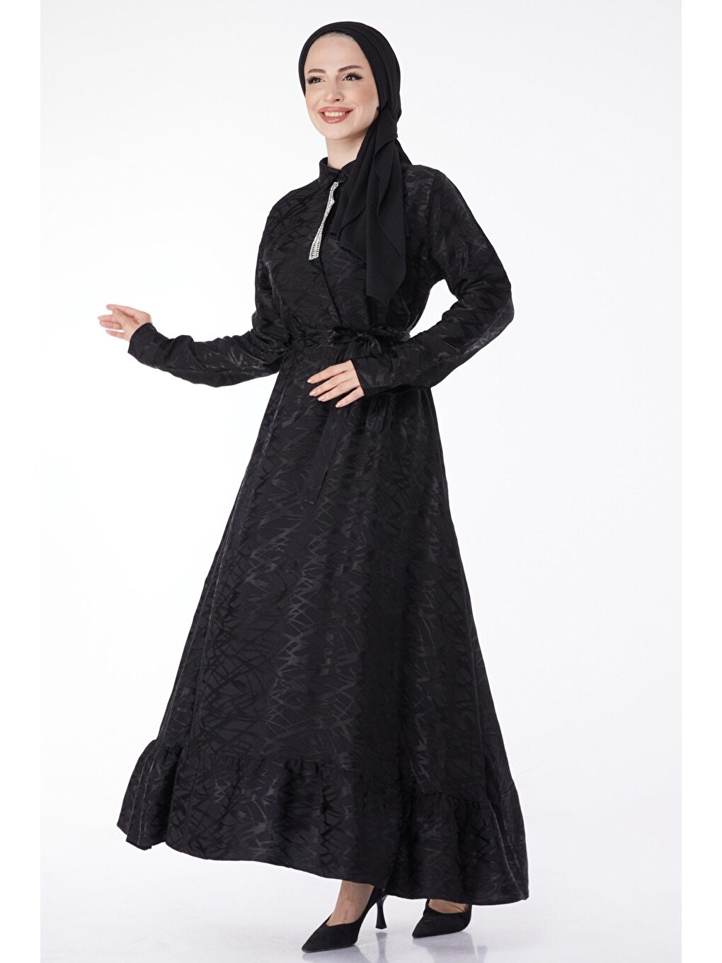 Gömlek Yaka Kadın Siyah Taş Detaylı Abiye Elbise - 25191-3