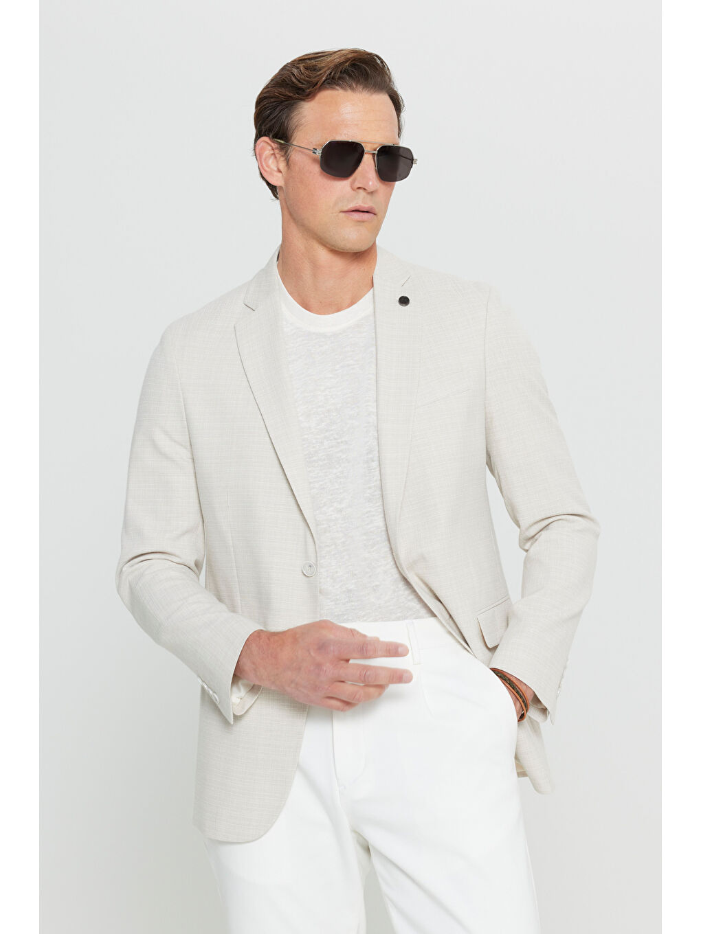 Erkek Bej Slim Fit Dar Kesim Pamuklu Flamlı Kapak Cepli Blazer Ceket-2