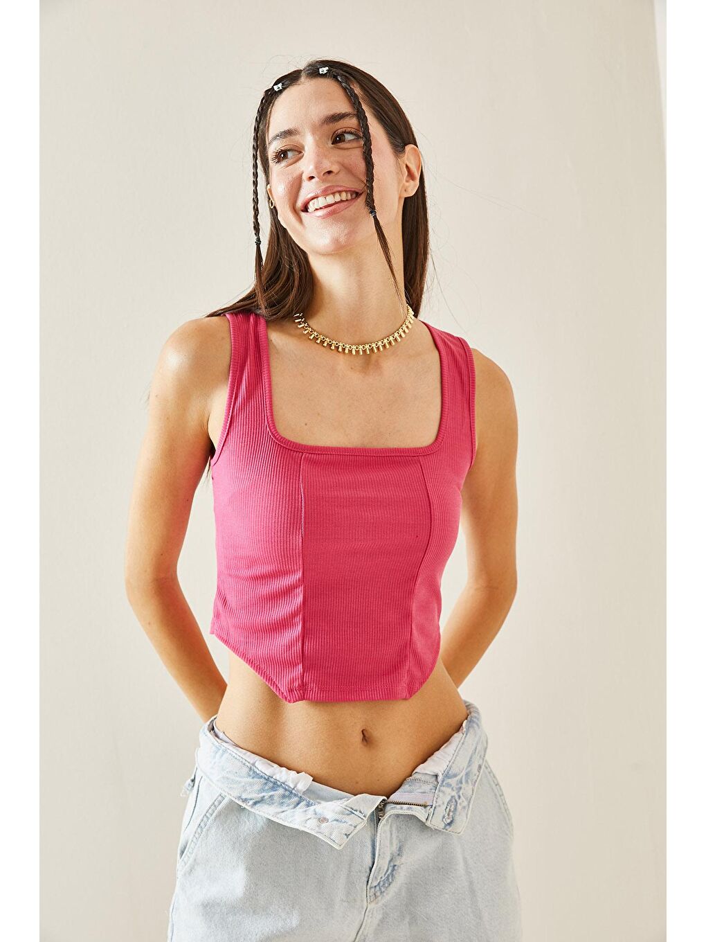 Fuşya Kare Yaka Askılı Bluz 5YXK2-48843-07-3