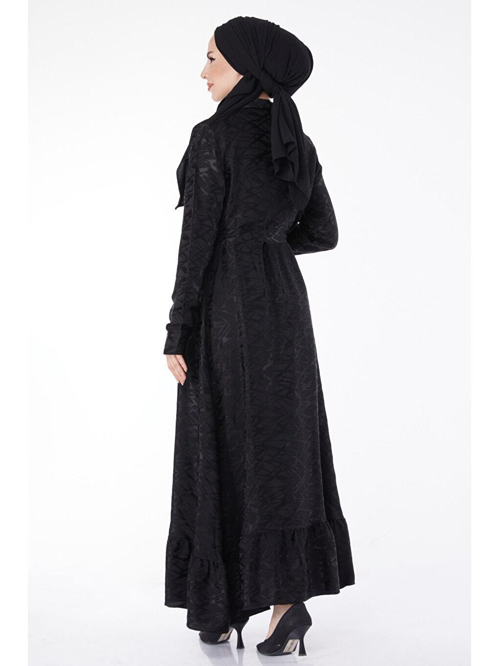 Gömlek Yaka Kadın Siyah Taş Detaylı Abiye Elbise - 25191-5