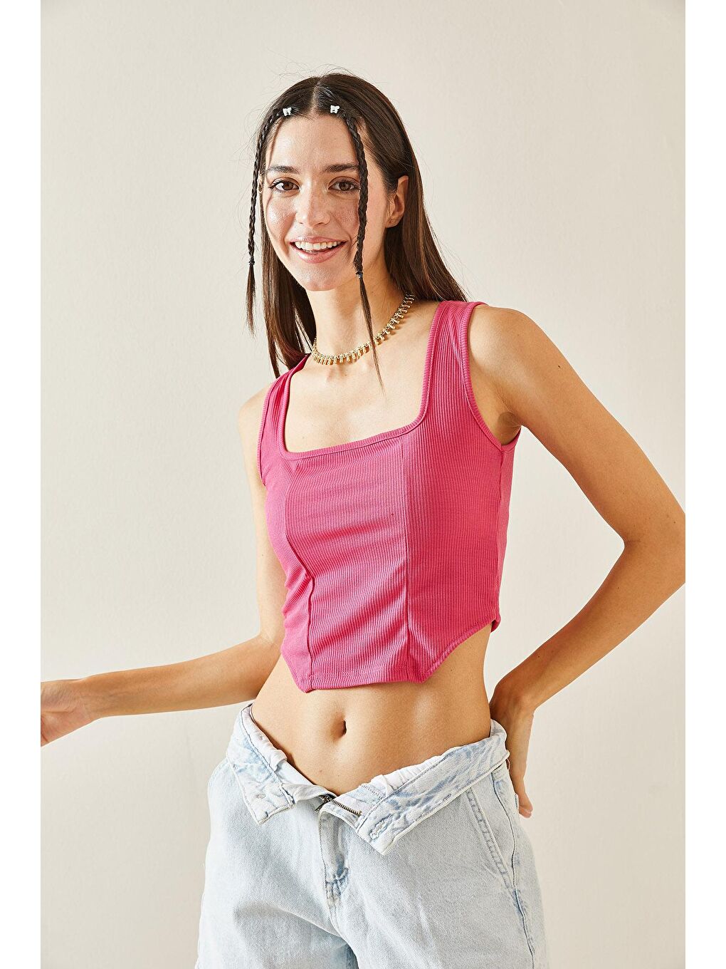 Fuşya Kare Yaka Askılı Bluz 5YXK2-48843-07-4