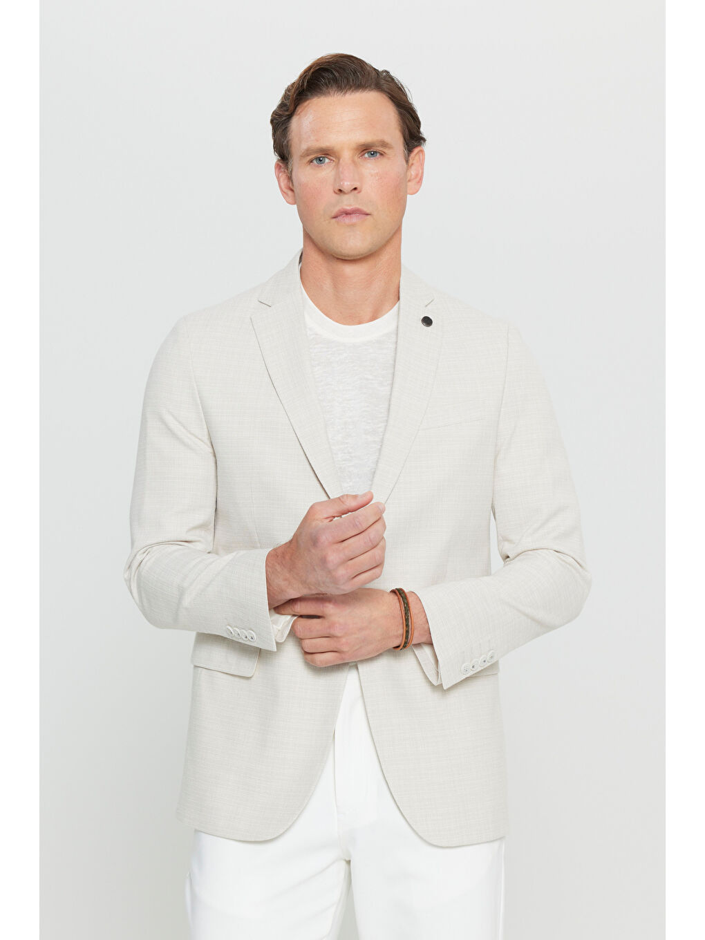 Erkek Bej Slim Fit Dar Kesim Pamuklu Flamlı Kapak Cepli Blazer Ceket-3