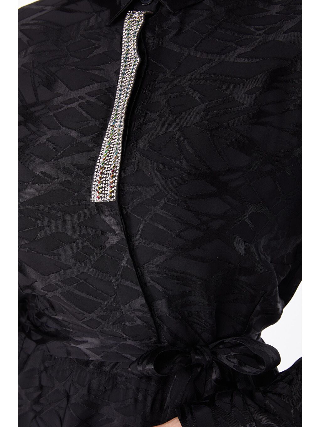 Gömlek Yaka Kadın Siyah Taş Detaylı Abiye Elbise - 25191-6