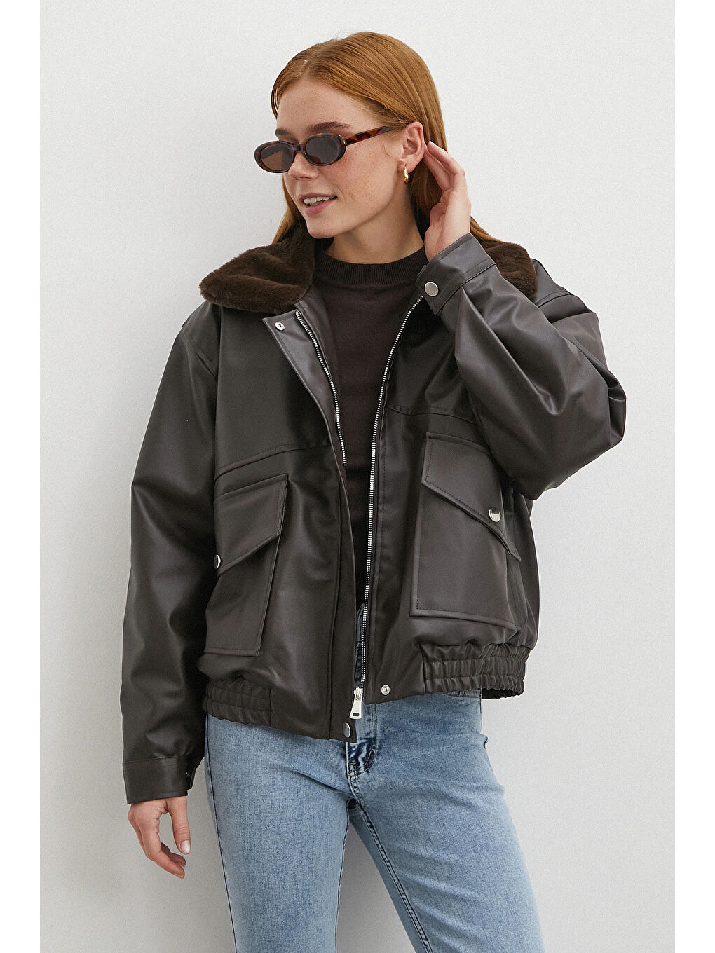 Karışık Pelüş Astar Detaylı Deri Mont Kahve-2