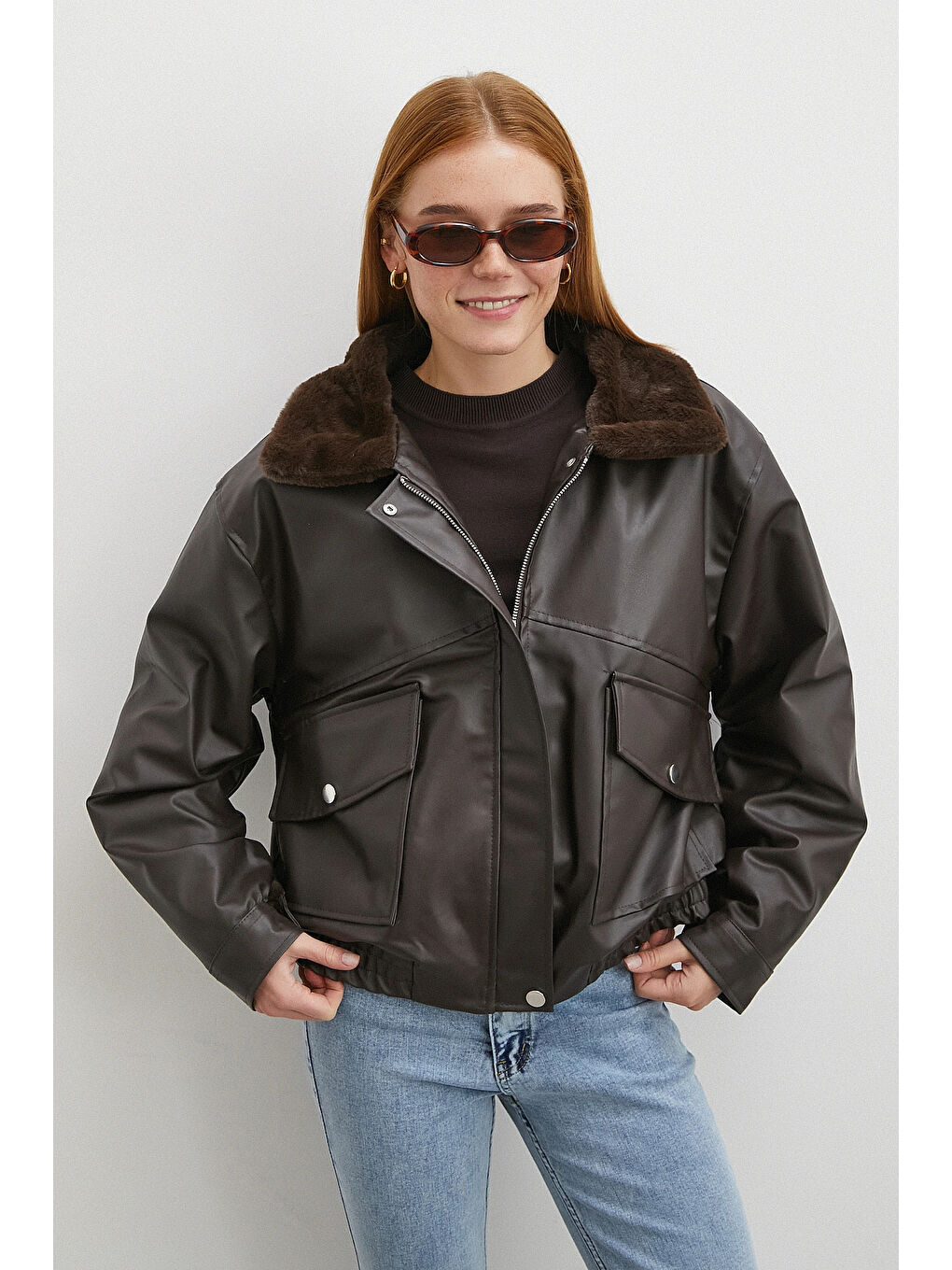 Karışık Pelüş Astar Detaylı Deri Mont Kahve-3