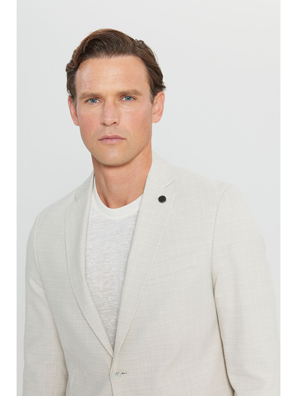 Erkek Bej Slim Fit Dar Kesim Pamuklu Flamlı Kapak Cepli Blazer Ceket-4