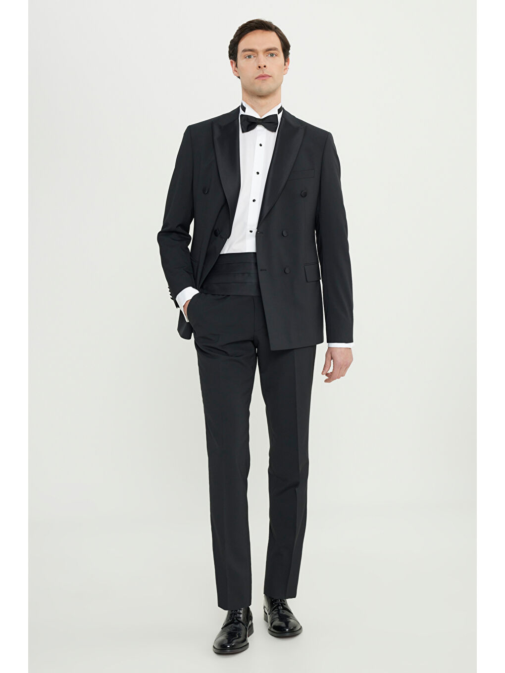 Erkek Siyah Yünlü Slim Fit Dar Kesim Kırlangıç Yaka Kapak Cepli Kruvaze Damatlık Smokin Takım-4