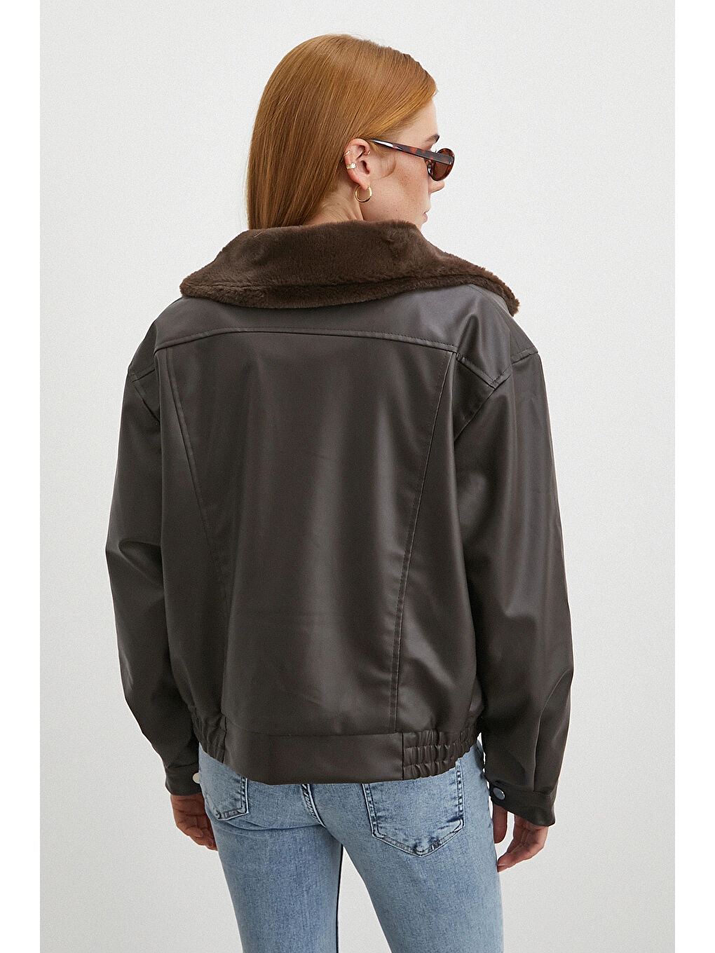 Karışık Pelüş Astar Detaylı Deri Mont Kahve-5