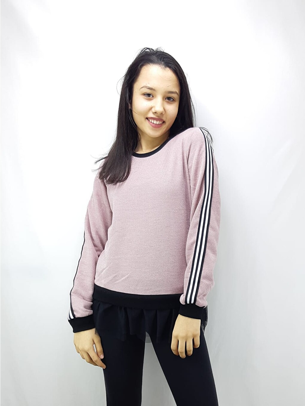 Pembe Kız Çocuk Kol Üstü Ve Arkası Şeritli Sweatshirt