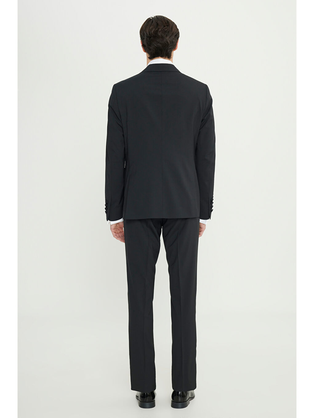 Erkek Siyah Yünlü Slim Fit Dar Kesim Kırlangıç Yaka Kapak Cepli Kruvaze Damatlık Smokin Takım-6