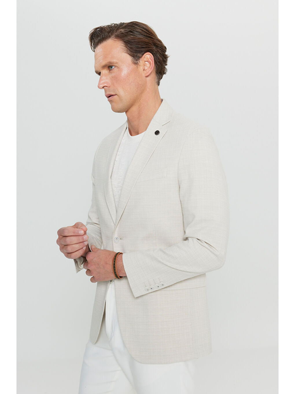 Erkek Bej Slim Fit Dar Kesim Pamuklu Flamlı Kapak Cepli Blazer Ceket-5