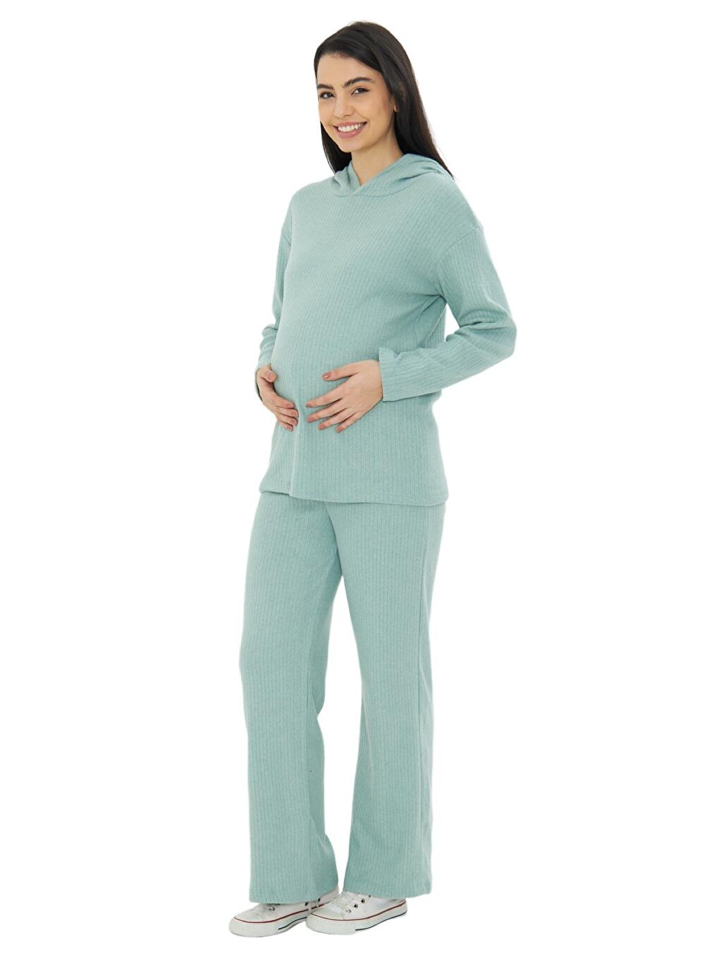 Yeşil Örme Kapüşonlu Kadın Hamile Alt Üst Takımı-1