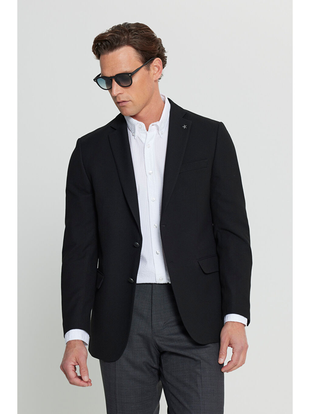 Erkek Siyah Slim Fit Dar Kesim Mono Yaka Diagonal Desenli Kapak Cepli Kruvaze Blazer Ceket