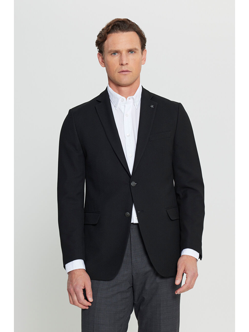 Erkek Siyah Slim Fit Dar Kesim Mono Yaka Diagonal Desenli Kapak Cepli Kruvaze Blazer Ceket-2