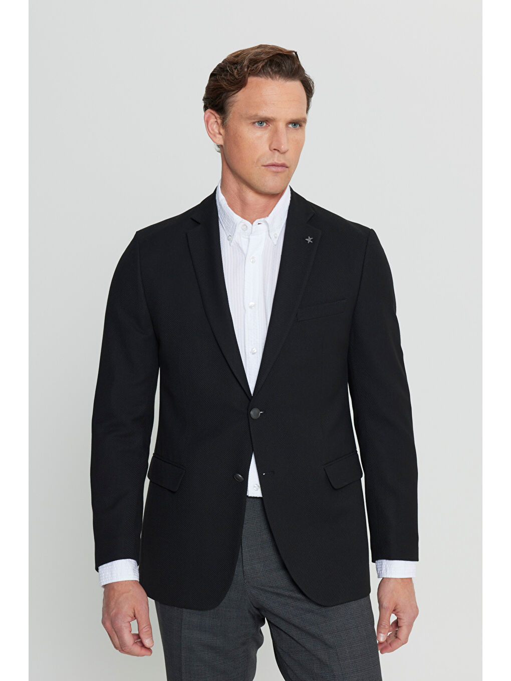 Erkek Siyah Slim Fit Dar Kesim Mono Yaka Diagonal Desenli Kapak Cepli Kruvaze Blazer Ceket-3